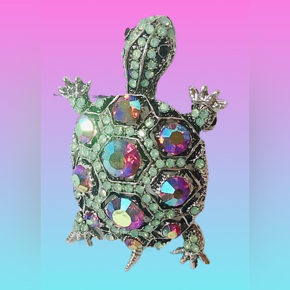 Rhinestone Turtle Brooch Green + Pink - Picture 1 of 4